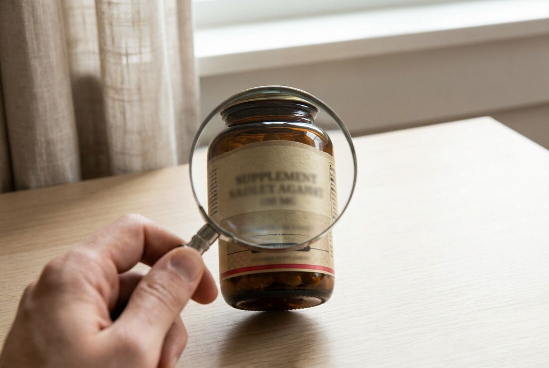 Magnifying glass held over the ingredient panel of a generic supplement bottle
